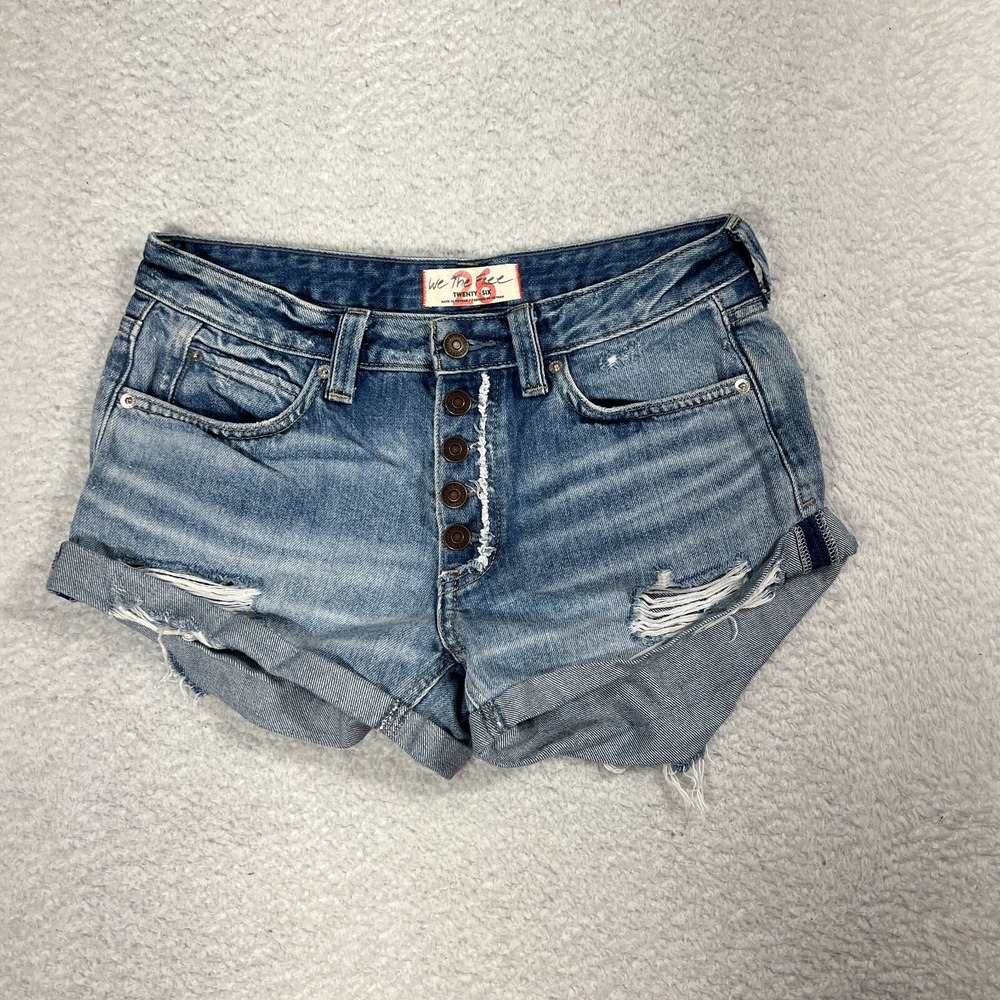 We The Free Distressed Denim Shorts Womens 26 W29 Blue Button Fly Cut-Off